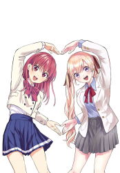 2girls amano_erika blazer blonde_hair blue_skirt blush bow bowtie breasts collared_shirt crossover dot_nose earrings female_focus grey_skirt heart highres hiroyuki jacket jewelry kakkou_no_iinazuke kanojo_mo_kanojo large_breasts legs long_hair long_sleeves looking_at_viewer miniskirt multiple_girls official_art open_mouth pleated_skirt purple_eyes purple_shirt red_bow red_eyes red_hair red_ribbon ribbon saki_saki_(kanojo_mo_kanojo) school_uniform shirt shirt_tucked_in simple_background skirt small_breasts smile teeth thighs upper_teeth_only white_background white_jacket white_shirt yoshikawa_miki