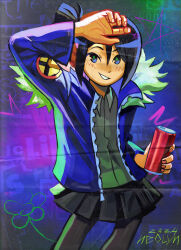 1girl 2024 abstract_background absurdres black_eyes black_hair black_skirt can collared_shirt cowboy_shot drink_can fur-trimmed_jacket fur_trim green_pupils hair_between_eyes hand_on_own_forehead hand_up heolynn highres holding holding_can jacket knives_chau light_blush pantyhose parted_lips pleated_skirt ponytail scott_pilgrim_(series) scott_pilgrim_takes_off shirt short_hair short_ponytail sidelocks signature skirt smile soda_can solo teeth