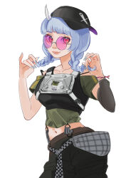 Rule 34 | 1girl, absurdres, bare shoulders, baseball cap, black hat, black pants, blue hair, blue nails, bra strap, braid, busou kanojo, collarbone, cowboy shot, crop top, cropped shirt, detached sleeves, green shirt, hat, highres, holding, holding own hair, horns, looking at viewer, midriff, navel, nenemaru (busou kanojo), off-shoulder shirt, off shoulder, pants, red eyes, round eyewear, shirt, short sleeves, simple background, single detached sleeve, single horn, solo, sunglasses, twin braids, virtual youtuber, waist bag, white background, zoramaruta