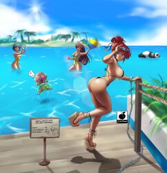 2boys 3girls absurdres anger_vein anklet ass bikini black_bikini black_choker black_hair blue_eyes blue_sky breasts brown_hair bulge chain chained choker commentary day erection erection_under_clothes full_body green_one-piece_swimsuit hair_bun happosai heart heart-shaped_eyes high_heels highres huge_ass jewelry kuonji_ukyou large_breasts linkartoon long_hair looking_at_another multiple_boys multiple_girls narrow_waist ocean old old_man one-piece_swimsuit platform_footwear price_list ranma-chan ranma_1/2 red_hair saotome_genma_(panda) short_hair sideboob single_hair_bun sky solo_focus strap_gap summer swimsuit tan tendou_akane tendou_nabiki thong thong_bikini toes updo wide_hips yellow_one-piece_swimsuit