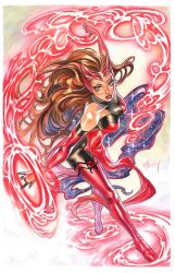 1girl art_of_ellery boots brown_eyes brown_hair elbow_gloves gloves highres long_hair looking_at_viewer magic marvel pelvic_curtain red_boots red_gloves scarlet_witch solo superhero_costume thigh_boots wanda_maximoff