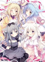 4girls :d :o ;d amairo_chocolata animal_ears apron black_gloves black_skirt blonde_hair blue_hair blue_kimono blush breasts brown_eyes cat_ears closed_mouth commentary dog_ears english_commentary frilled_apron frilled_gloves frills gloves grey_apron grey_eyes grey_hair grey_shirt grey_sleeves hair_between_eyes highres japanese_clothes juliet_sleeves kimono long_sleeves maid maid_apron medium_breasts misono_ichika momose_kaguya momose_mitsuki multiple_girls one_eye_closed open_mouth parted_lips pink_apron pink_skirt puffy_short_sleeves puffy_sleeves purple_eyes rabbit_ears shiratama_(shiratamaco) shirt short_sleeves skirt smile two_side_up wa_maid white_hair white_shirt yellow_kimono yukimura_chieri