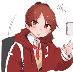 Rule 34 | 1girl, alternate costume, bag, brown eyes, brown hair, collared shirt, drawstring, dress shirt, jacket, kantai collection, ma rukan, medium hair, necktie, ponytail, red jacket, red necktie, shikinami (kancolle), shirt, simple background, solo, sweater vest, waving, white background, white shirt