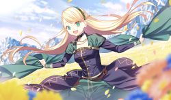 1girl :d arrow_(tamawo222) black_choker blonde_hair blue_flower blue_sky blurry blurry_background blurry_foreground breasts choker cloud commentary_request day depth_of_field dutch_angle fate/grand_order fate_(series) female_focus field flower flower_field gerda_(fate) green_eyes green_hairband green_skirt hairband highres holding jewelry long_hair long_sleeves looking_at_viewer medium_breasts mountain necklace open_mouth orange_flower outdoors petals round_teeth skirt sky smile solo standing swept_bangs teeth upper_teeth_only very_long_hair yellow_flower
