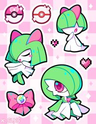 artist_name bob_cut bowl_cut closed_eyes colored_skin dress evolutionary_line gardevoir gen_3_pokemon green_hair green_skin hair_over_eyes hair_over_one_eye highres horns kirlia love_ball mega_stone multicolored_skin nintendo pink_background pink_eyes poke_ball pokemon pokemon_(creature) premier_ball ralts sidelocks slys_(jesterdysphoria) two-tone_skin white_dress white_skin