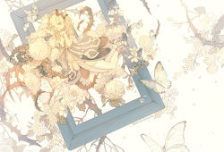 1girl absurdres alternate_costume beads blonde_hair blunt_bangs braid branch briar_rose_(sinoalice) bug butterfly butterfly_hair_ornament dress gloves hair_ornament high_heels highres huge_filesize insect looking_at_viewer one_eye_closed picture_frame senryoko short_hair sinoalice sketch solo thighhighs thorns yellow_eyes zettai_ryouiki