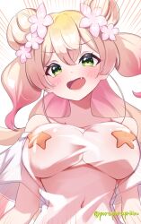 1girl blonde_hair blush breasts double-parted_bangs double_bun emphasis_lines fang gradient_hair green_eyes hair_bun highres hololive large_breasts long_hair looking_at_viewer momosuzu_nene multicolored_hair open_mouth pasties poruporupriiin see-through_clothes see-through_shirt shirt side_up_bun solo star_(symbol) star_pasties twitter_username two_side_up upper_body virtual_youtuber white_shirt