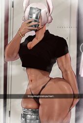 abs animal_ears ass black_panties black_shirt boku_no_hero_academia breasts cleavage dark-skinned_female dark_skin erogearts grabbing_own_ass huge_ass jewelry midriff mirko muscular muscular_female panties photo-referenced prosthesis prosthetic_leg rabbit_ears selfie shirt short_hair standing thick_thighs thighs underwear