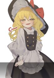 1girl apron black_hat black_skirt black_vest blonde_hair bow buttons frilled_hat frills hat hat_bow highres kirisame_marisa long_hair long_sleeves looking_at_viewer niru_(ka_k_0517) open_mouth puffy_long_sleeves puffy_sleeves red_bow shirt signature simple_background skirt solo touhou turtleneck turtleneck_shirt vest waist_apron white_apron white_background white_shirt witch_hat yellow_eyes