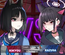 2girls animal_ears black_choker black_eyes black_hair blue_archive blue_neckerchief blue_sailor_collar blunt_bangs bob_cut bright_pupils cat_ears character_name choker clenched_teeth colored_inner_hair commentary disgust doodle_sensei_(blue_archive) english_commentary extra_ears frown green_sailor_collar hair_ornament hairclip halo highres kazusa_(blue_archive) kikyou_(blue_archive) multicolored_hair multiple_girls neckerchief nichijou_(nichijoutouhou) parody parted_lips pink_hair pink_halo pink_neckerchief red_eyes ribbon_choker sailor_collar school_uniform sensei_(blue_archive) serafuku shaded_face short_hair streaked_hair street_fighter street_fighter_6 teeth tsurime two-tone_hair upper_body vs white_pupils white_serafuku