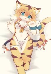 1girl bikini blush foot_out_of_frame furry furry_female green_eyes highres looking_at_viewer lying mia_(world_flipper) on_back open_mouth orange_ribbon ragu_(apricolor) ribbon solo swimsuit tiger_girl translation_request white_bikini world_flipper
