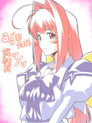 1girl ahoge bow bowtie character_name closed_mouth commentary_request hair_bow hair_intakes juliet_sleeves kagami_sumika long_hair long_sleeves looking_at_viewer low_ponytail muv-luv otoo_(izanagi) ponytail puffy_sleeves purple_bow purple_bowtie red_eyes red_hair school_uniform serafuku sidelocks sideways_glance simple_background smile solo to-gnaniwa upper_body white_background yellow_bow