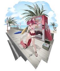1girl absurdres alternate_costume ball beachball bikini black_bikini black_bow blue_sky bow breasts cleavage cooler day hair_between_eyes hair_bow hairband highres holding holding_water_gun innertube kmt_(arca.live_36757522) long_hair looking_at_viewer lupa_(wuthering_waves) medium_breasts metal_hairband mismatched_bikini missing_commentary multiple_hair_bows navel ocean one_eye_closed open_fly open_mouth outdoors red_bikini red_shorts sandals shirt shorts sky smile solo stomach surfboard swim_ring swimsuit tacet_mark_(wuthering_waves) tail thigh_strap tied_shirt vending_machine water_gun white_shirt wolf_tail wuthering_waves yellow_eyes