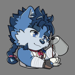 1boy animal_ears another_eidos-r bandaged_arm bandages black_gloves blue_eyes blue_hair braid chibi closed_mouth commentary cup english_commentary fingerless_gloves food furry furry_male gloves grey_background highres holding holding_kettle holding_plate kettle male_focus plate robin_(another_eidos) smile steak upper_body wolf_boy wolf_ears yojanmarrion