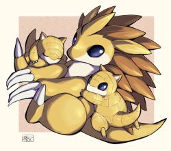 border chichibu_(watson) claws commentary_request creatures_(company) evolutionary_line game_freak gen_1_pokemon grey_eyes looking_at_viewer looking_back nintendo no_humans outside_border pokemon pokemon_(creature) sandshrew sandslash white_border