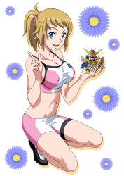 Rule 34 | 1girl, ankle socks, black shoes, blue eyes, blush, breasts, brown hair, cleavage, energy gun, female focus, full body, gundam, gundam build fighters, gundam build fighters try, gunpla, highres, hoshino fumina, large breasts, looking at viewer, mecha, midriff, model kit, open mouth, pink socks, ponytail, rider (orange couture), robot, scrunchie, shiny skin, shoes, short hair, simple background, smile, socks, solo, sports bra, squatting, teeth, two-tone sports bra, upper teeth only, weapon, white background, winning gundam
