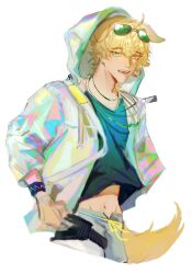 1boy ahoge animal_ears arknights blonde_hair blue_eyes blue_vest chinese_commentary commentary_request dog_boy dog_ears dog_tags dog_tail ear_piercing earrings eyewear_on_head fangs green-tinted_eyewear grey_shorts hair_between_eyes hand_on_own_hip highres hood hood_up hooded_jacket jacket jewelry juemingzi0401 looking_at_viewer male_focus messy_hair midriff multiple_necklaces necklace open_clothes open_jacket open_mouth piercing shorts smile solo stomach string sunglasses tail tequila_(arknights) thick_eyebrows thigh_strap tinted_eyewear tongue vest white_background