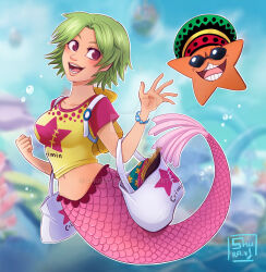 Rule 34 | 1girl, 1other, bag, blurry, blurry background, bracelet, breasts, bubble, camie (one piece), clenched hand, commentary, crop top, elbow carry, english commentary, green hair, hat, highres, holding, holding bag, in water, jewelry, large breasts, looking to the side, mermaid, monster girl, one piece, open mouth, pappug, pink shirt, shirt, short hair, shuravf, smile, starfish, sunglasses, two-tone shirt, underwater, yellow shirt