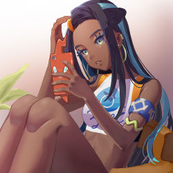 Rule 34 | 1girl, armlet, bare shoulders, black hair, blue eyes, blue hair, breasts, brown background, clothes writing, commentary, crop top, dark-skinned female, dark skin, earrings, eyeshadow, female focus, forehead, gen 4 pokemon, gradient background, gym leader, hair ornament, hairclip, hand up, holding, holding phone, hoop earrings, jewelry, knees up, kyoungi nyang, long hair, makeup, multicolored hair, nessa (pokemon), nintendo, parted lips, phone, pokemon, pokemon (creature), pokemon swsh, rotom, rotom phone, sitting, sleeveless, small breasts, solo, symbol-only commentary, thighs, two-tone hair
