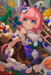 1girl absurdres aged_down blue_eyes bow bowtie brown_skirt cake commentary_request cup elysia_(honkai_impact) food fruit highres holding holding_spoon honkai_(series) honkai_impact_3rd lk_luke long_hair orange_(fruit) orange_slice oversized_food oversized_object oversized_spoon pink_hair shirt skirt smile solo spoon teacup white_bow white_bowtie white_shirt