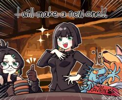 2girls 621_(armored_core_vi) allmind_(armored_core_vi) animal armored_core armored_core_vi:_fires_of_rubicon artist_name beer_mug black_hair bowl commentary cup dog eating english_commentary english_text foam_mustache g5_iguazu_(armored_core_vi) glasses green_eyes hair_ornament hairclip iguana kate_markson mug multiple_girls phsueh smile sparkle thumbs_up