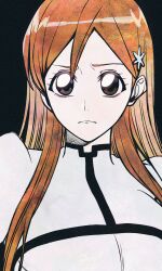 Rule 34 | 1girl, absurdres, black background, bleach, breasts, brown eyes, female focus, hair ornament, hairclip, highres, inoue orihime, large breasts, long hair, looking at viewer, n (nauki 11), orange hair, simple background, upper body