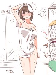Rule 34 | 1girl, ?, arm up, bare shoulders, blood, blush, breasts, brown eyes, brown hair, changing room, chestnut mouth, contrapposto, facing viewer, hand on own head, highres, hiryuu (kancolle), indoors, kantai collection, large breasts, matching hair/eyes, naked towel, nosebleed, solo focus, speech bubble, standing, sweat, tagme, towel, towel on head, watashitachino kareshi, wet