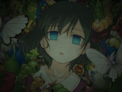 1girl ahiru-ko black_hair blue_eyes burmy burmy_(plant) burmy_(sandy) burmy_(trash) butterfree caterpie creatures_(company) crossover dress empty_eyes fate/zero fate_(series) game_freak gen_1_pokemon gen_2_pokemon gen_3_pokemon gen_4_pokemon gen_5_pokemon hair_ribbon joltik karrablast kricketot matou_sakura metapod nincada nintendo parody pokemon pokemon_(creature) ribbon sedipede sewaddle shelmet short_hair silcoon spinarak swadloon tohsaka_sakura venemoth venomoth weedle