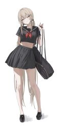 1girl absurdres arm_behind_back bag black_bag black_shoes black_skirt breasts brown_eyes brown_hair hair_ornament hair_tie hairpin half-closed_eyes handbag highres holding holding_bag laneigu loafers looking_at_viewer medium_breasts midriff mole mole_under_eye neckerchief original racket red_neckerchief sailor_collar school_uniform shoes short_sleeves simple_background skirt smile smug solo standing twintails white_background