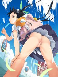 1girl ass backpack bag bakemonogatari black_hair brown_eyes cleft_of_venus female_focus food from_below hachikuji_mayoi hairband ice_cream kabukimonogatari licking loli long_hair looking_at_viewer looking_back metallican monogatari_(series) nisemonogatari no_panties nude_filter open_mouth outdoors popsicle pussy red_eyes ribbon short_sleeves sign solo third-party_edit twintails uncensored
