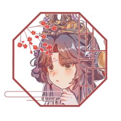 1girl :o black_eyes black_hair border facial_mark flower forehead_mark hair_bun hair_flower hair_ornament hand_up huadian jiu_niangzi jiu_niangzi_(blossom_spring_fairy) lattice long_hair official_alternate_costume parted_bangs portrait purple_flower red_border red_flower reverse:1999 solo white_background yi_zui_hua_yue