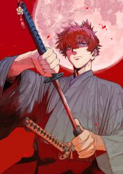 1boy blue_eyes closed_mouth fate/grand_order fate_(series) from_below frown full_moon game_cg hair_between_eyes hair_over_one_eye hakama holding holding_sword holding_weapon japanese_clothes katana kimono limited_palette long_sleeves looking_up male_focus miyamoto_iori_(fate) moon official_art red_background shaded_face short_hair solo sword tassel third-party_source topknot unsheathed upper_body v-shaped_eyebrows wataru_rei weapon wide_sleeves