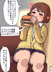 1girl absurdres black_eyes black_panties brown_hair burger closed_mouth eating food forehead freckles heart highres holding holding_food jitome jk_mob-chan_(minami_aomori) minami_aomori original panties pantyshot short_hair sitting talking thighs underwear wince