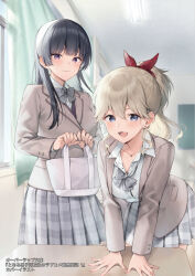 2girls :d bag black_hair blazer blue_eyes bow breasts brown_hair brown_jacket cleavage closed_mouth collared_shirt commentary_request curtains desk dress_shirt earrings grey_bow grey_skirt hair_between_eyes holding holding_bag indoors jacket jewelry leaning_forward long_hair looking_at_viewer medium_breasts midorikawa_you multiple_girls open_clothes open_jacket open_mouth original plaid_clothes plaid_skirt pleated_skirt ponytail purple_eyes school_desk school_uniform shirt skirt smile stud_earrings sweater_vest translation_request white_shirt window