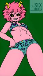 Rule 34 | 1girl, absurdres, ashido mina, boku no hero academia, breasts, colored skin, highres, horns, non-web source, pink hair, pink skin, short hair, sixidiotsonechannel, smile, solo, thick thighs, thighs, yellow eyes