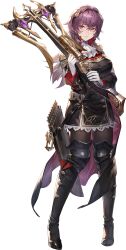 Rule 34 | 1girl, absurdres, ascot, black boots, black cape, black hairband, boots, bow (weapon), cape, crossbow, crossed bangs, dress, gloves, hairband, highres, holding, holding crossbow, holding weapon, knee guards, long hair, non-web source, nungal (sword of convallaria), official art, pantyhose, purple cape, purple eyes, purple hair, quiver, short dress, solo, sword of convallaria, two-sided cape, two-sided fabric, weapon, white gloves