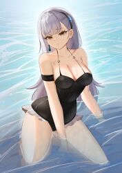 Rule 34 | 1girl, absurdres, ak-alfa (girls&#039; frontline), arm behind back, arm strap, bare shoulders, between legs, breasts, cleavage, earrings, full body, girls&#039; frontline, girls&#039; frontline 2: exilium, hand between legs, highres, jewelry, legs apart, long hair, medium breasts, notporred, o-ring, o-ring swimsuit, partially submerged, single earring, solo, spaghetti strap, swimsuit, thighs, tololo (girls&#039; frontline 2), very long hair, wet, white hair, yellow eyes