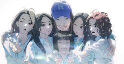 6+girls ^_^ absurdres animification black_eyes black_hair blunt_bangs bubble_gum_(newjeans) closed_eyes collared_shirt commentary danielle_(newjeans) double_v earbuds earphones english_commentary everyone grey_eyes haerin_(newjeans) hair_behind_ear hand_on_another&#039;s_shoulder hanni_(newjeans) highres hyein_(newjeans) k-pop korean_commentary long_hair los_angeles_dodgers man_won medium_hair min_hee-jin minji_(newjeans) mixed-language_commentary multiple_girls newjeans one_eye_closed parted_lips real_life shirt short_hair smile v white_background white_shirt