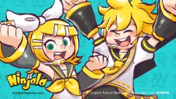 Rule 34 | aqua background, bass clef, belt, black sailor collar, black sleeve cuffs, black sleeves, black trim, blonde hair, blouse, bow, breast pocket, brother and sister, clenched hands, closed eyes, commentary, company name, copyright name, copyright notice, crossover, english commentary, eyelashes, green eyes, green pupils, grey sailor collar, grey sleeves, gungho, hair bow, hair ornament, hairclip, halftone, halftone background, headphones, headset, horizontal-striped sleeve cuffs, kagamine len, kagamine len (act1), kagamine rin, kagamine rin (act1), logo, medium hair, nail polish, neckerchief, necktie, ninjala, nose, official art, official style, open mouth, pocket, polka dot, polka dot background, puffy short sleeves, puffy sleeves, rianti-wong, ribbon-trimmed shirt, ribbon trim, sailor collar, sash, second-party source, shirt, short sleeves, shuriken, siblings, sidelocks, single horizontal stripe, sleeveless, sleeveless shirt, teeth, tongue, treble clef, upper body, upper teeth only, vocaloid, watermark, weapon, web address, white bow, white shirt, yellow belt, yellow nails, yellow neckerchief, yellow necktie, yellow sash, yellow stripes, yellow trim