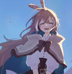 Rule 34 | 1girl, ahoge, backlighting, belt, blue background, brown capelet, brown cloak, brown corset, capelet, cloak, closed eyes, corset, crossed bangs, falling petals, feather hair ornament, feathers, hair lift, hair ornament, hieroglyphics, highres, hololive, hololive english, long hair, nanashi mumei, nanashi mumei (1st costume), orinte, petals, ponytail, raised inner eyebrows, ribbon, shirt, smile, teeth, upper teeth only, very long hair, virtual youtuber, white shirt