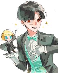 Rule 34 | 1boy, 1girl, black hair, black jacket, blonde hair, blue bow, blue bowtie, blue eyes, bow, bowtie, butler, chibi, formal clothes, gloves, highres, holding, holding tray, jacket, lapels, looking at viewer, maruko gaku, official alternate costume, oosuzuki kurara, shirt, short hair, smile, sparkle, standing, suit, tangteng60291, the hundred line -last defense academy-, tray, upper body, vest, white gloves, white shirt