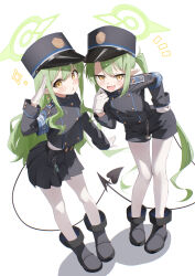 200f_(nifu) 2girls :d absurdres armband black_shoes black_shorts black_skirt black_tail blue_archive blue_armband buttons commentary_request demon_tail double-breasted fang full_body gloves green_hair green_halo halo hat highres hikari_(blue_archive) leaning_forward long_hair long_sleeves looking_at_viewer multiple_girls notice_lines nozomi_(blue_archive) open_mouth pantyhose peaked_cap pleated_skirt pointy_ears salute shadow shoes shorts siblings sidelocks simple_background sisters skin_fang skirt smile sparkle tail triangle_mouth twins twintails white_background white_gloves white_pantyhose yellow_eyes