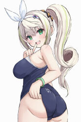 Rule 34 | 1girl, black one-piece swimsuit, blonde hair, blush, bow, bow hairband, breasts, clothes pull, commentary request, from behind, girls&#039; frontline, green hair, green streaks, hairband, highres, long hair, looking at viewer, medium breasts, multicolored hair, official alternate costume, one-piece swimsuit, one-piece swimsuit pull, open mouth, pulling own clothes, sharkry (girls&#039; frontline 2), sharkry (swimsuit idol) (girls&#039; frontline 2), side ponytail, simple background, smile, solo, streaked hair, swimsuit, tabii, teeth, twisted torso, upper teeth only, white background, white bow