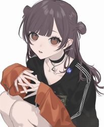 1girl absurdres artist_name black_choker black_shirt brown_hair choker collarbone double_bun feet_out_of_frame hair_bun highres jewelry knees_up layered_sleeves long_hair long_sleeves looking_at_viewer necklace orange_eyes orange_shirt own_hands_together pointy_ears project_sekai sa_tsuko shinonome_ena shirt short_over_long_sleeves short_sleeves simple_background sitting sleeves_past_wrists solo triangle_necklace triple_vertical_stripe white_background