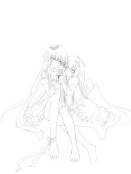00s 2girls absurdres bare_shoulders barefoot chii chobits choker cleavage_cutout clothing_cutout cross crown detached_sleeves dress flower freya freya_(chobits) frilled_dress frills greyscale hair_ribbon holding_hands highres jewelry knees long_hair looking_at_viewer monochrome multiple_girls nana_mikoto necklace ribbon robot_ears rose siblings sisters thighhighs twins