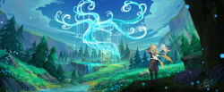 Rule 34 | 1boy, 1girl, aether (genshin impact), blue flower, chinnkun, cloud, fantasy, flower, forest, from behind, genshin impact, giant tree, grass, landscape, light particles, meadow, mihoyo, nature, night, paimon (genshin impact), painterly, river, rock, skirt, sky, spirit, star (sky), starry sky, tree, water, watermark