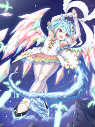 Rule 34 | 1girl, absurdres, armpits, arms up, black footwear, blue hair, blue horns, bracelet, braid, bridal gauntlets, cross-laced clothes, cross-laced dress, crystal horns, crystal tail, crystal wings, dragon girl, dragon horns, dragon wings, fingerless gloves, floating, floating object, floating sword, floating weapon, flower, from below, full body, gloves, gold bracelet, gplnbeat, hair between eyes, hair flower, hair ornament, hairband, highres, horns, ice skates, jewelry, leotard, light blue hair, looking to the side, night, night sky, open mouth, pantyhose, pointy ears, princess connect!, purple eyes, rainbow skirt, see-through clothes, see-through skirt, sheffy (princess) (princess connect!), sheffy (princess connect!), skates, skirt, sky, smile, solo, star (sky), sword, weapon, white flower, white hairband, white leotard, white pantyhose, wings