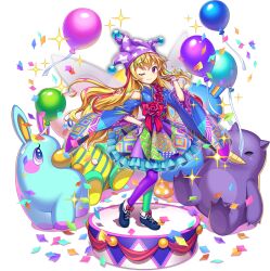 Rule 34 | 1girl, ;), alternate costume, asymmetrical legwear, balloon, bare shoulders, blonde hair, blue shoes, bow, closed mouth, clownpiece, clownpiece (the goddess of hell&#039;s favorite), confetti, fairy, fairy wings, footwear bow, full body, game cg, gloves, hand in own hair, hat, highres, japanese clothes, jester cap, kimono, long hair, looking at viewer, mismatched legwear, multicolored kimono, official art, one eye closed, pink eyes, polka dot headwear, purple gloves, purple hat, red bow, rotte (1109), shoes, smile, solo, sparkle, standing, star (symbol), star print, third-party source, touhou, touhou lostword, transparent background, very long hair, wide sleeves, wings