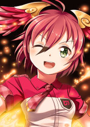 Rule 34 | &gt;;d, 10s, 1girl, ;d, antenna hair, brown hair, dot nose, embers, eyes visible through hair, feathered wings, female focus, fire, green eyes, hair between eyes, head wings, highres, japari symbol, kemono friends, looking at viewer, multicolored hair, necktie, one eye closed, open mouth, plaid clothes, plaid necktie, plaid neckwear, red hair, red necktie, red wings, short hair, short sleeves, smile, solo, suzaku (kemono friends), upper body, v-shaped eyebrows, wings, yasume yukito