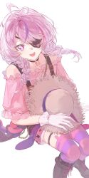 1girl :d ahoge braid choker collarbone eyepatch gloves hat heart heart_ahoge highres holding holding_unworn_clothes holding_unworn_hat leite_613 looking_at_viewer low_twin_braids maria_marionette maria_marionette_(3rd_costume) multicolored_hair nijisanji nijisanji_en off-shoulder_shirt off_shoulder open_mouth overalls pink_eyes pink_hair shirt simple_background sir_ventrilo_(maria_marionette) sitting smile solo straw_hat streaked_hair striped_clothes striped_thighhighs thigh_strap thighhighs twin_braids unworn_hat unworn_headwear virtual_youtuber white_background white_gloves